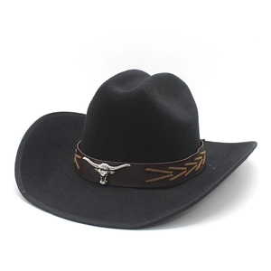 Black wool felt western cowboy hat featuring silver bull head metal and arrow stitching