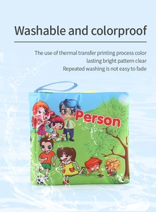 Washable baby cloth book showing heat transfer print quality with splash water effect