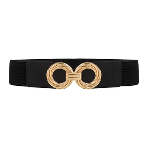 Women's black elastic waist belt with gold double-ring interlocking metal buckle