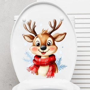 Christmas reindeer toilet lid sticker with red scarf and pine branch design for holiday decor