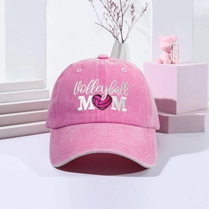 Detailed embroidery of Volleyball MOM text and heart pattern on pink washed cotton cap