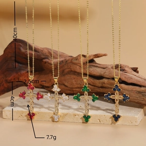 Cross zircon flower pendant necklace set in gold with red white green and blue gems
