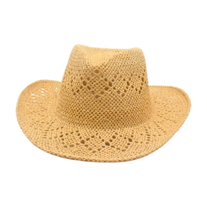 Detailed close-up of hollow-out weave pattern on breathable straw cowboy beach hat