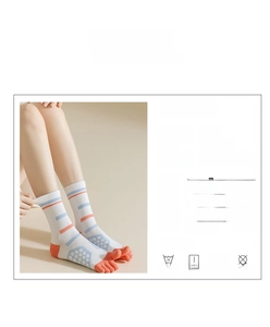 Detail of white five-toe mid-calf socks with orange toes and breathable elastic fabric