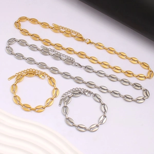 Hip Hop Stainless Steel Coffee Bean Chain Necklace Bracelet Set For Women Pig Nose Gold Silver Plated Choker Jewelry