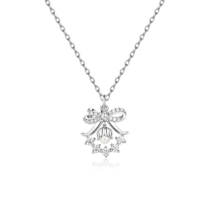 Elegant lily of the valley wreath necklace with silver bow pearl and sparkling zircons