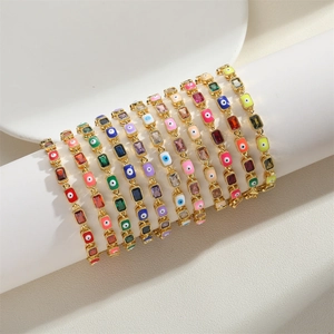 Square zircon Evil Eye bracelets in multi-color options on 14K gold plated chains
