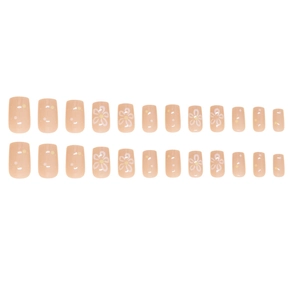 Short square press-on nails set with nude base, daisy floral patterns and yellow polka dots