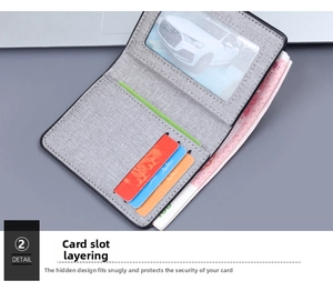 Detailed view of layered fabric card slots and transparent ID window inside a men's wallet