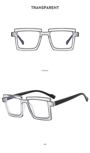 Macro detail of transparent square eyewear frames with black temples in multiple angles