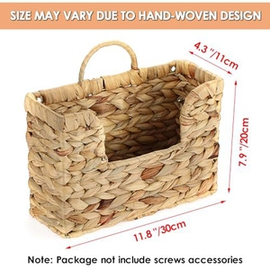 Detail of hand-woven water hyacinth wall basket showing natural texture and dimensions
