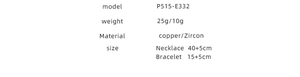 Detailed specifications for copper zircon jewelry set including necklace and bracelet sizes