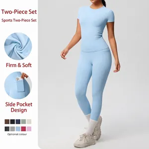 Set da Yoga da Donna in Nylon Elastan Asciugatura Rapida Top a Maniche Corte E Leggings con Tasche Slim Fit Abbigliamento Sportivo Traspirante