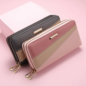 Dual zipper long wallet for women with stylish three-color block patchwork design