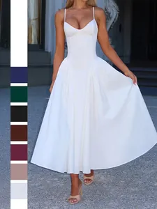 Women Spaghetti Strap Midi Dress Elegant V Neck Backless Lace Up A Line Big Swing Solid Color Polyester Evening Gown