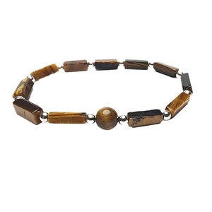 Tiger eye beaded bracelet featuring frosted rectangular stones and silver metal spacers