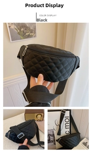Detail of black quilted PU leather waist bag with silver zipper and adjustable nylon strap