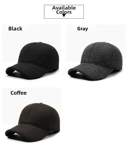 Detailed view of winter wool baseball caps in black, grey, and coffee colors
