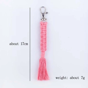 Pink handmade woven cotton rope keychain with silver metal clasp 17cm length