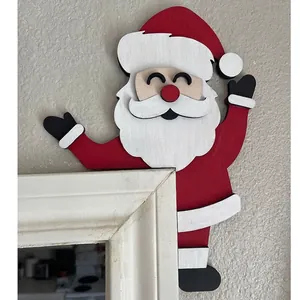 Wooden Santa Claus door corner frame decoration with festive red and white 3D layered design
