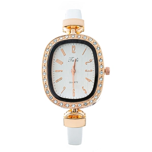 Elegant women's quartz watch with rose gold rhinestone oval case and white leather strap