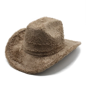 Chapeau de cowboy marron en fausse fourrure de lapin avec large bord et calotte creuse