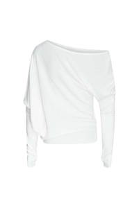 Detail of off-shoulder white knit sweater featuring ribbed cuffs and asymmetric neckline