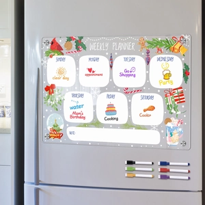 Acrylic magnetic weekly planner with Christmas theme and six colorful markers on fridge