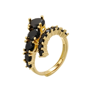 Adjustable gold ring with claw-set black round crystals in a luxury hip hop style design