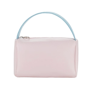 Pink travel makeup bag with light blue handle and silver circular zipper puller