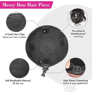 Messy bun hair piece with 4-tooth clips, breathable net and elastic drawstring