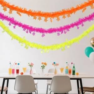 2M fluorescent neon star tinsel garlands in orange pink yellow for party decorations