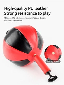 Detail of red and black PU leather boxing speed ball with a manual inflation pump