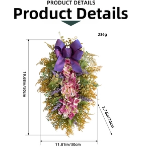 Detailed size specifications for teardrop wreath with purple hydrangea and ribbon