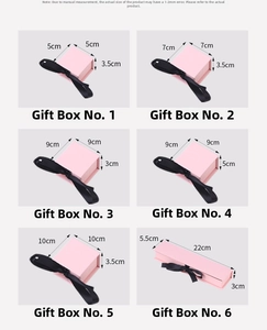 Detailed size chart for various ribbon flip jewelry boxes with precise dimensions shown