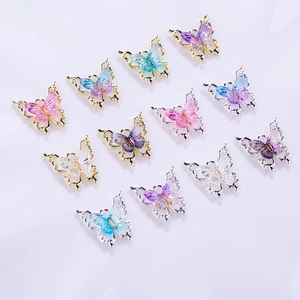3D laser gradient butterfly nail charms with aurora resin wings and golden alloy base