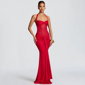Detail view of red halter-neck ruched maxi dress showing elegant backless slim fit design