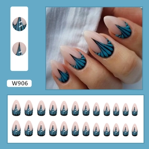 Almond shaped fake nails with light blue fish tail patterns and silver line accents