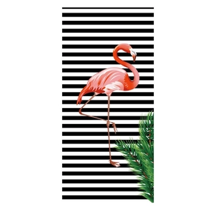 Microvezel strandlaken met roze flamingo en zwart-witte strepen in tropische stijl