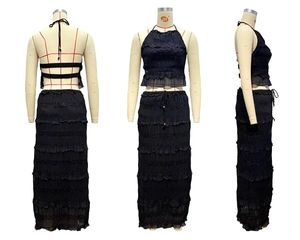 Three-view of black sleeveless halter top and tiered ruffle skirt with subtle shimmering texture