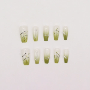 Faux ongles ballerine dégradé vert et blanc avec motifs peints et perles élégantes
