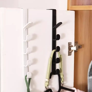Over door hanger rack with five hooks for bags and clothes in black and white finish