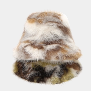 Thick plush camo bucket hat for women in brown and white faux fur for winter warmth
