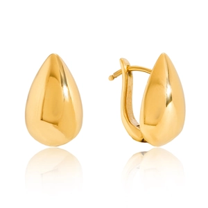 Élégantes boucles d'oreilles goutte dorées en acier poli avec finition miroir sur fond blanc