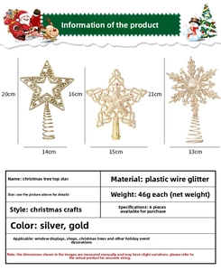 Size specifications for glittered star and snowflake tree toppers in various dimensions