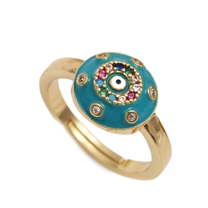 Adjustable gold evil eye ring with turquoise enamel and colorful zircon stones
