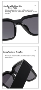 Detail of comfortable anti-slip nose pads and glossy temples of rectangle sunglasses