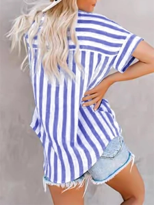 Rear view of a casual blue and white striped short-sleeve shirt with denim shorts