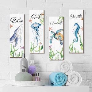 Nautical Bathroom Wood Signs Ocean Theme Wall Decor Living Room Relax Soak Unwind Breathe Wall Art Plaques Home Decoration