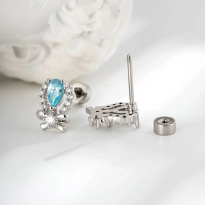 Exquisite silver bow stud earrings with light blue teardrop zircon and screw back